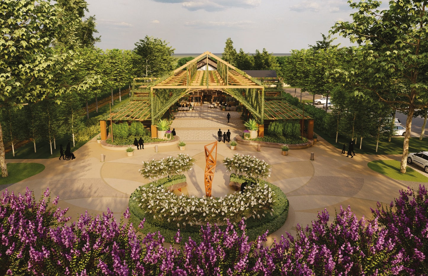 A high angle digital model of the 2024 Zinc House Farm, with hedges and leaves surrounding an open wooden canopy in the background, a circle of flowers enveloping a wooden sculpture in the middle, with purple flowers in the foreground. 