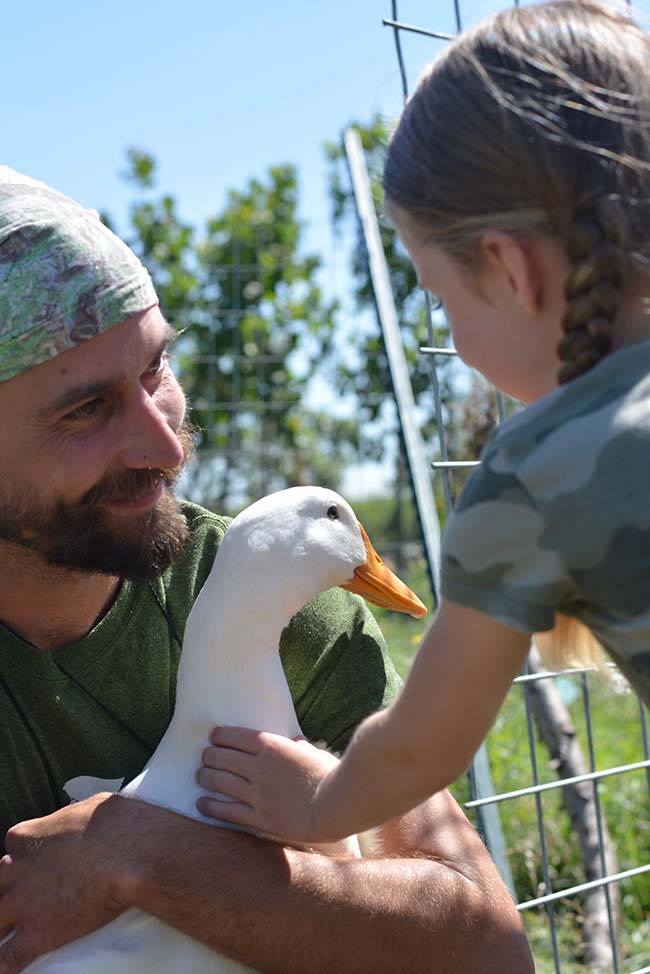 A young man holding a goose, smiling at a young girl as she reaches out to pat the bird. A metal fence, grass and blurred trees pictured in the background. 